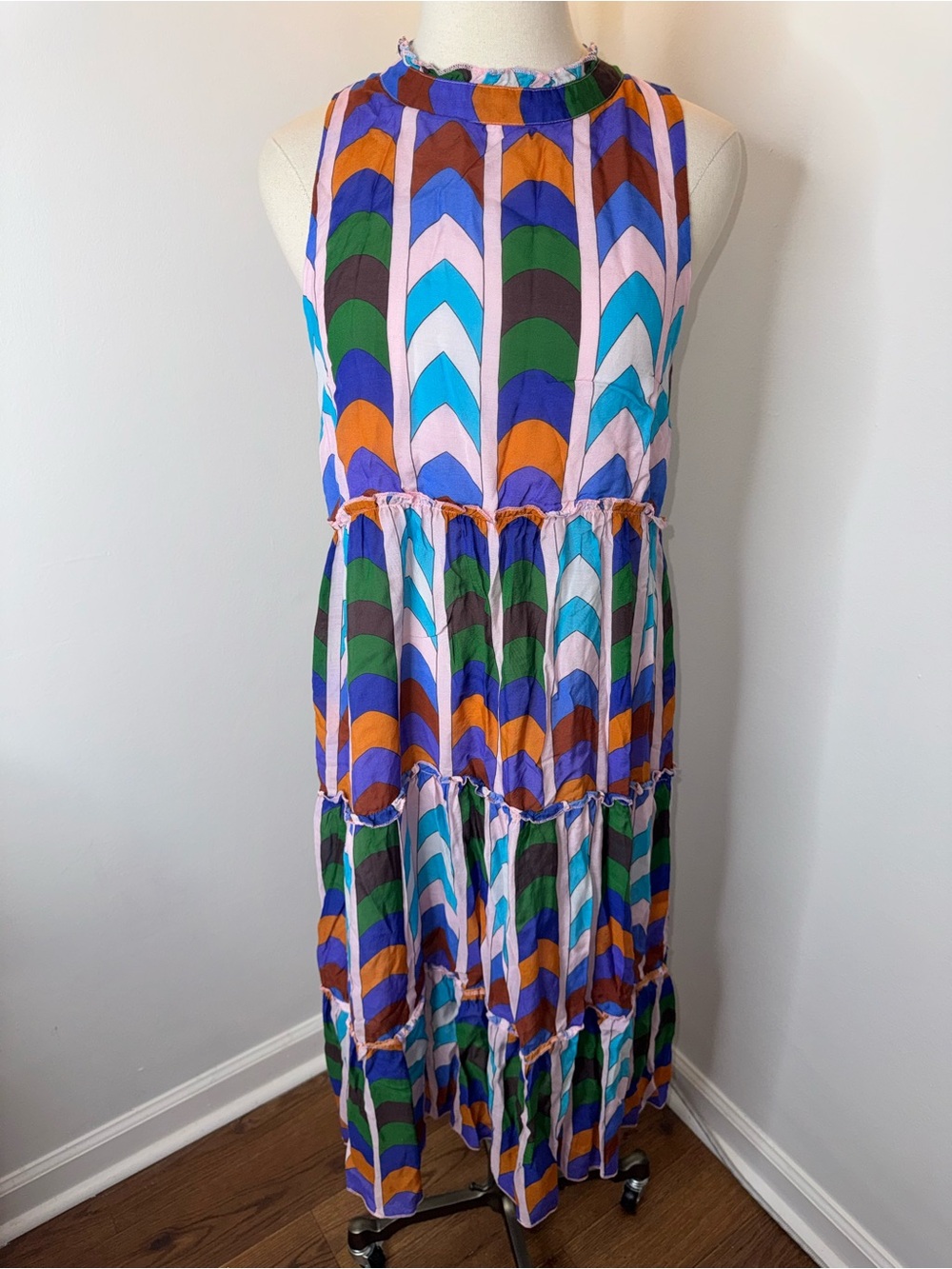 Oliphant Women’s Small Colorful Geometric Striped Tiered Midi Dress